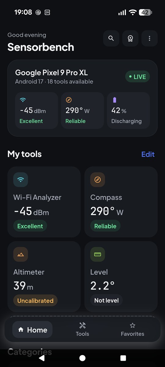 Sensorbench home screen