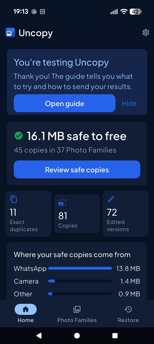 Uncopy home screen